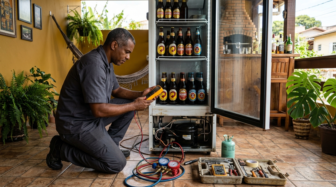 Placa eletrônica de cervejeira em reparo na bancada em Campinas‑SP