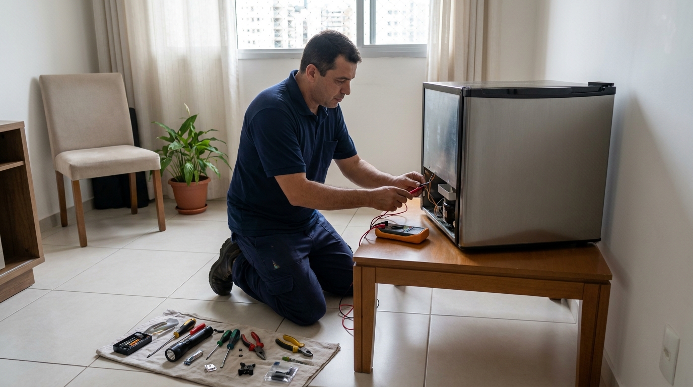 Técnico revisando o motor de um frigobar em Campinas‑SP