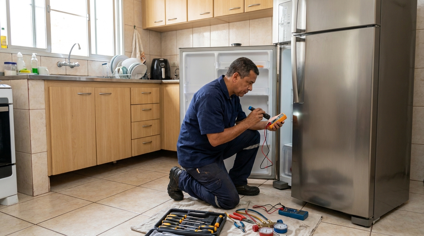 Técnico fazendo recarga de gás em geladeira de cliente em Campinas‑SP