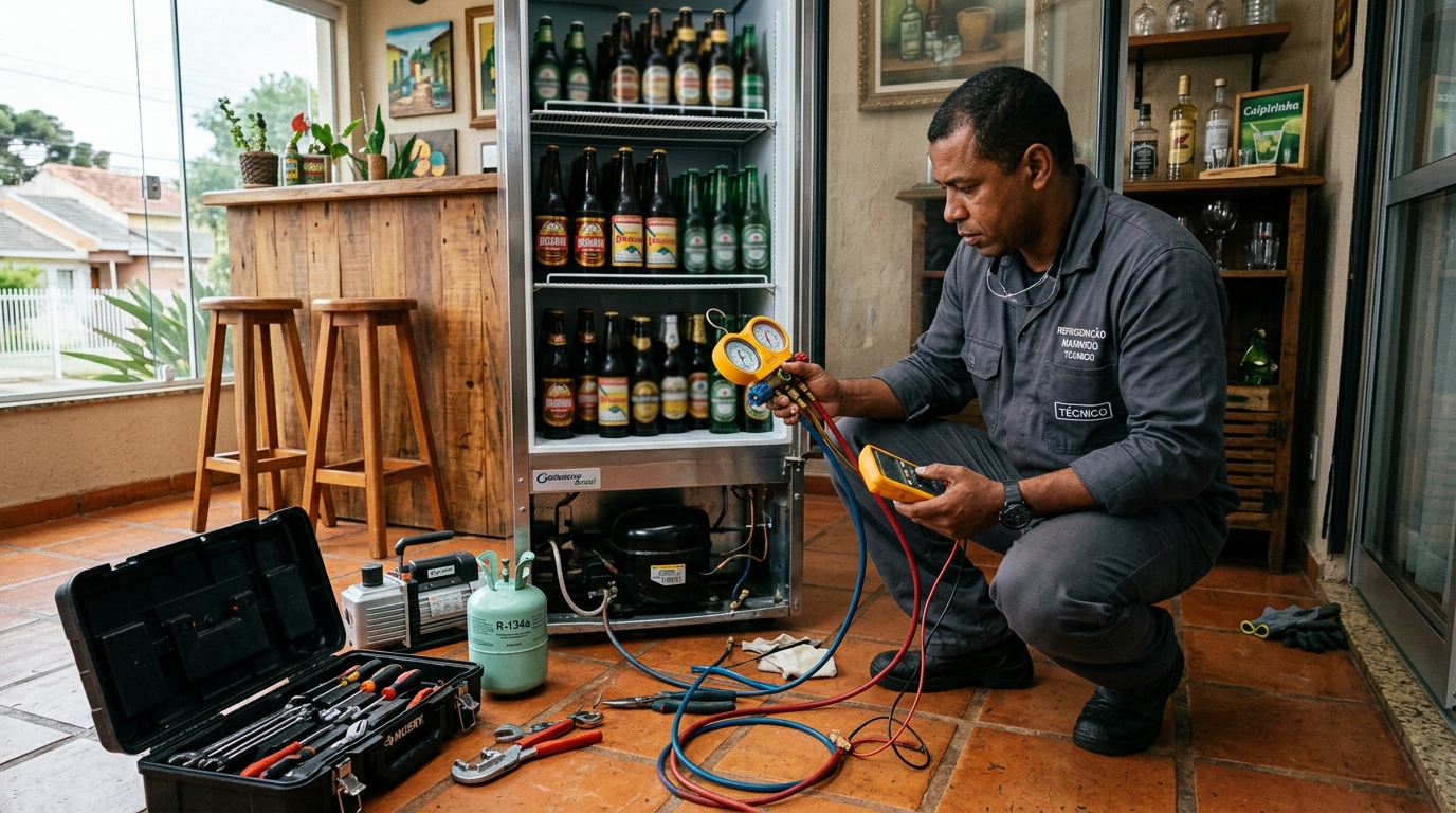 Técnico conferindo a temperatura de uma cervejeira durante atendimento em Campinas‑SP
